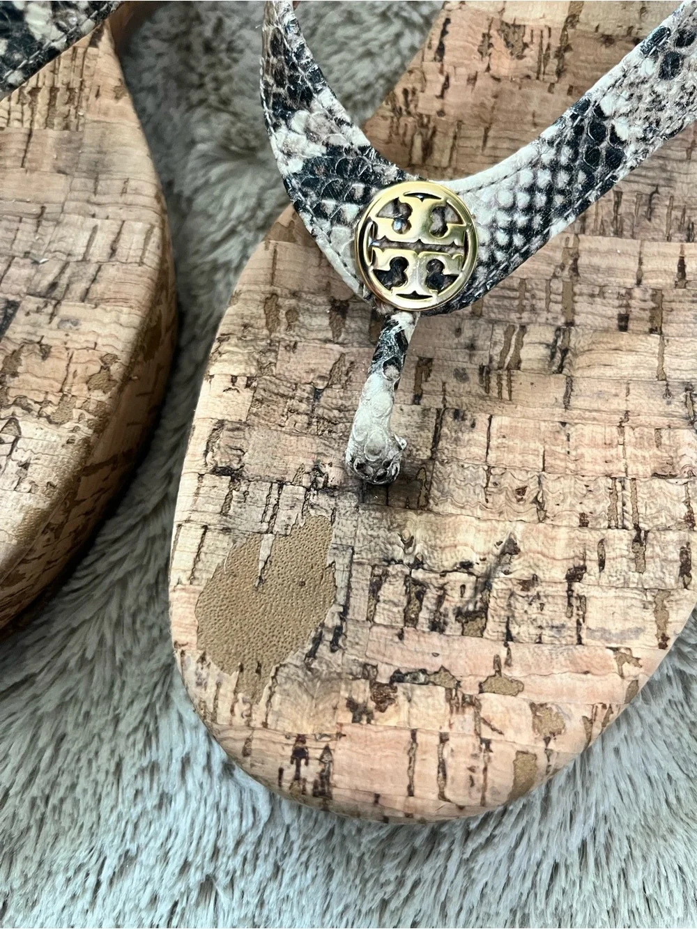 Tory Burch Suzy Cork Leather Thong Sandals with Snake-Print Straps and Gold Logo